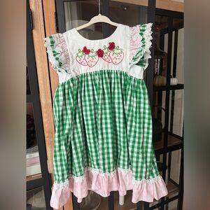 Shrimp & Grits Strawberries embroidered dress toddler girl gingham eyelet ruffle